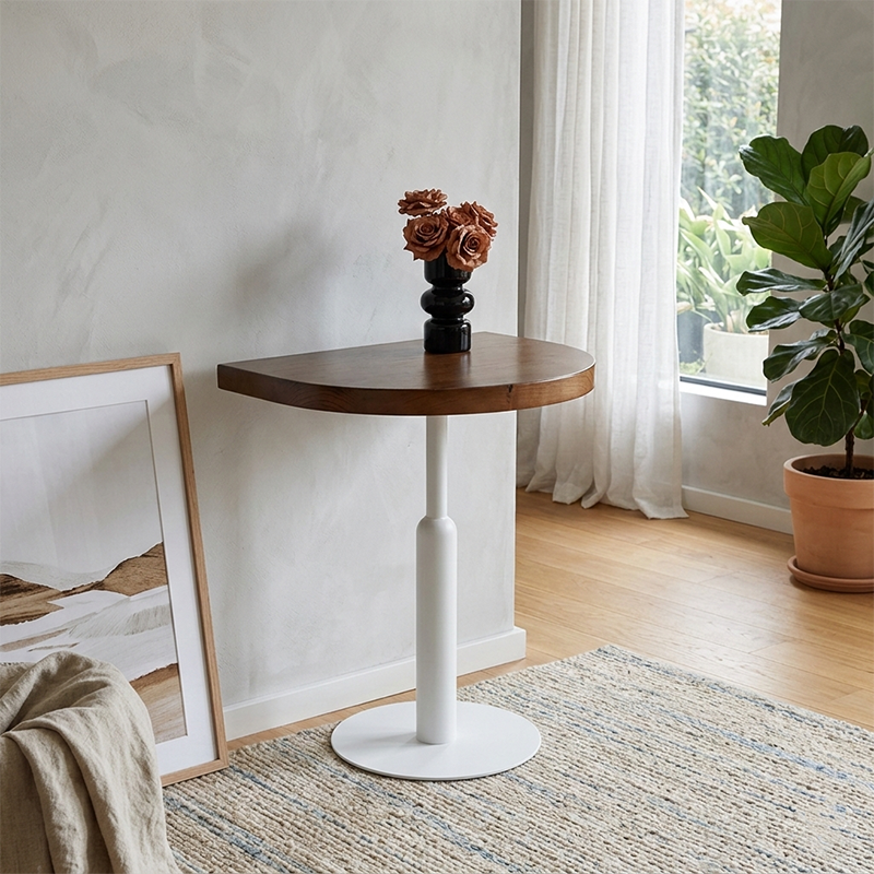 Traditional Vintage Solid Wood Semi-Circle Coffee Table With Metal Base For Living Room Wall Placement