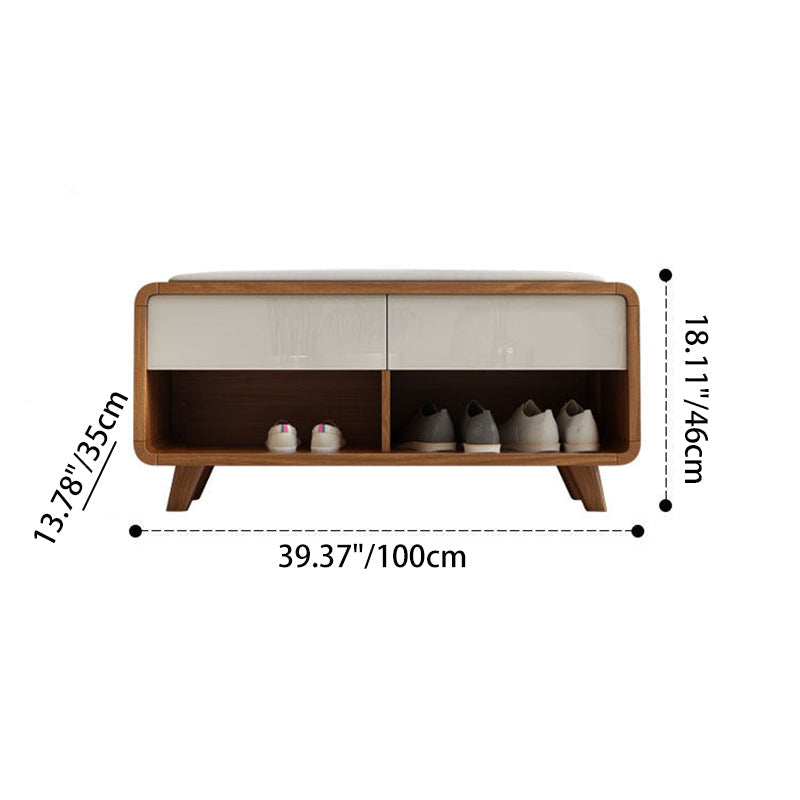 Contemporary Nordic Particleboard Plywood Rectangular Shoe Bench With 2-Tier Storage & Upholstered Cushion For Entryway