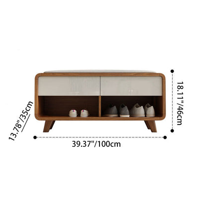 Contemporary Nordic Particleboard Plywood Rectangular Shoe Bench With 2-Tier Storage & Upholstered Cushion For Entryway