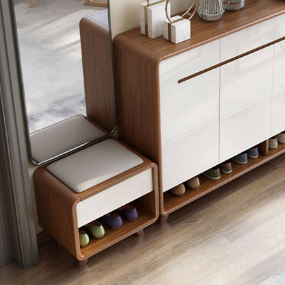 Contemporary Nordic Particleboard Plywood Rectangular Shoe Bench With 2-Tier Storage & Upholstered Cushion For Entryway
