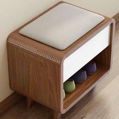Contemporary Nordic Particleboard Plywood Rectangular Shoe Bench With 2-Tier Storage & Upholstered Cushion For Entryway