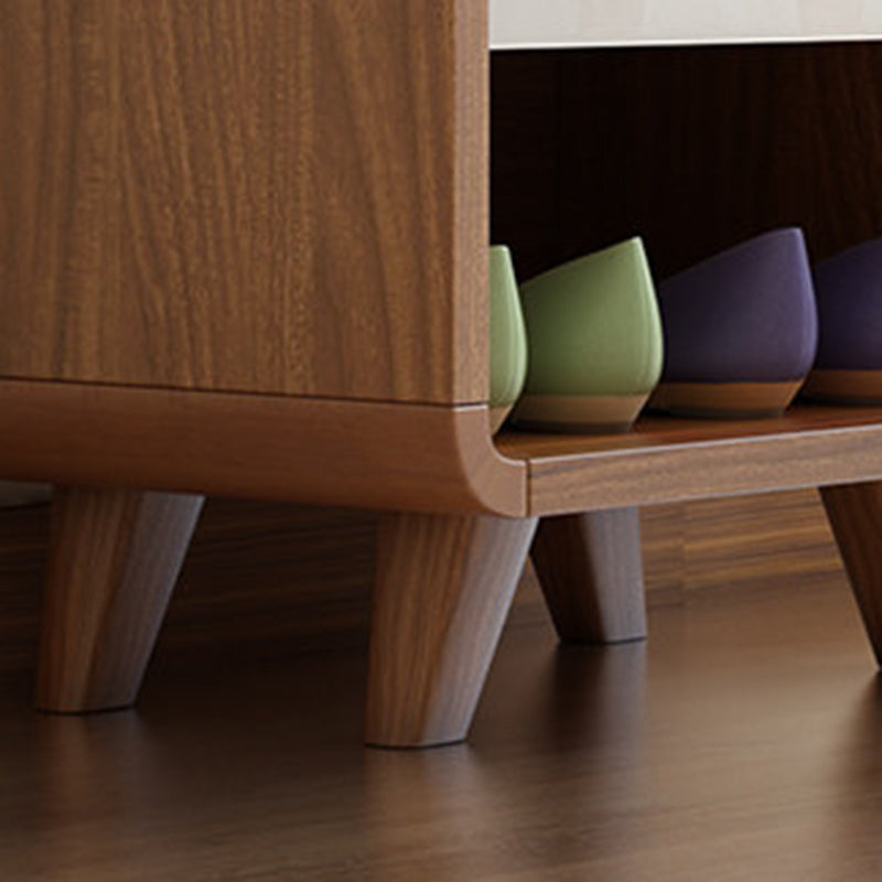 Contemporary Nordic Particleboard Plywood Rectangular Shoe Bench With 2-Tier Storage & Upholstered Cushion For Entryway