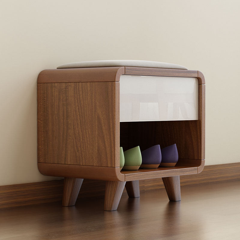 Contemporary Nordic Particleboard Plywood Rectangular Shoe Bench With 2-Tier Storage & Upholstered Cushion For Entryway