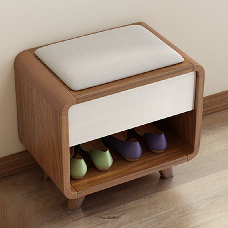 Contemporary Nordic Particleboard Plywood Rectangular Shoe Bench With 2-Tier Storage & Upholstered Cushion For Entryway