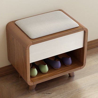 Contemporary Nordic Particleboard Plywood Rectangular Shoe Bench With 2-Tier Storage & Upholstered Cushion For Entryway