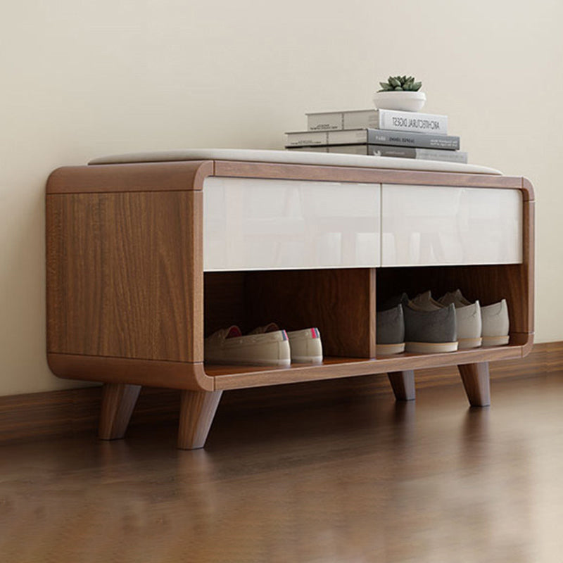Contemporary Nordic Particleboard Plywood Rectangular Shoe Bench With 2-Tier Storage & Upholstered Cushion For Entryway
