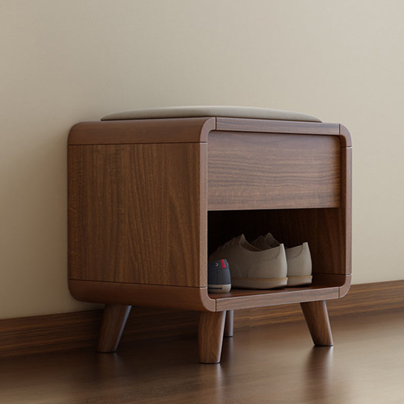Contemporary Nordic Particleboard Plywood Rectangular Shoe Bench With 2-Tier Storage & Upholstered Cushion For Entryway
