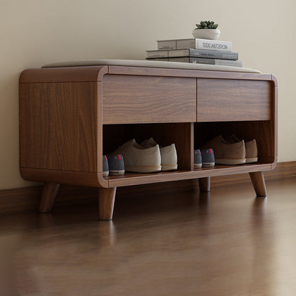 Contemporary Nordic Particleboard Plywood Rectangular Shoe Bench With 2-Tier Storage & Upholstered Cushion For Entryway
