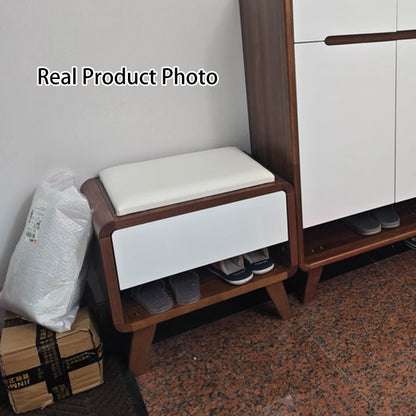 Contemporary Nordic Particleboard Plywood Rectangular Shoe Bench With 2-Tier Storage & Upholstered Cushion For Entryway