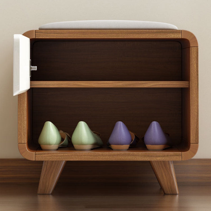 Contemporary Nordic Particleboard Plywood Rectangular Shoe Bench With 2-Tier Storage & Upholstered Cushion For Entryway