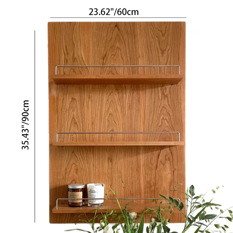 Modern Minimalist Cherry Wood & Plywood Rectangular Wall-Mounted Storage Shelf 3-Tier Living Room