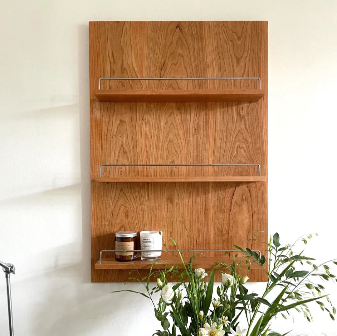 Modern Minimalist Cherry Wood & Plywood Rectangular Wall-Mounted Storage Shelf 3-Tier Living Room
