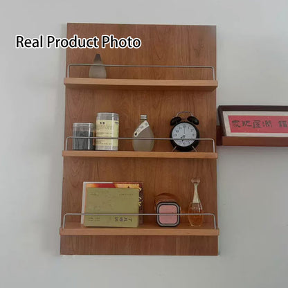 Modern Minimalist Cherry Wood & Plywood Rectangular Wall-Mounted Storage Shelf 3-Tier Living Room