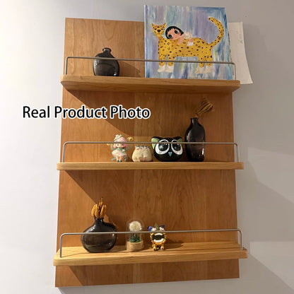 Modern Minimalist Cherry Wood & Plywood Rectangular Wall-Mounted Storage Shelf 3-Tier Living Room