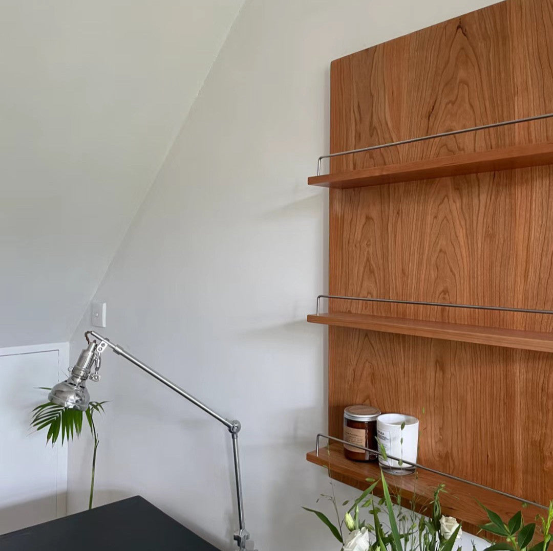Modern Minimalist Cherry Wood & Plywood Rectangular Wall-Mounted Storage Shelf 3-Tier Living Room