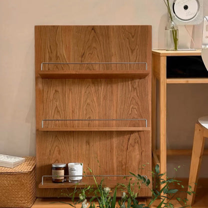 Modern Minimalist Cherry Wood & Plywood Rectangular Wall-Mounted Storage Shelf 3-Tier Living Room