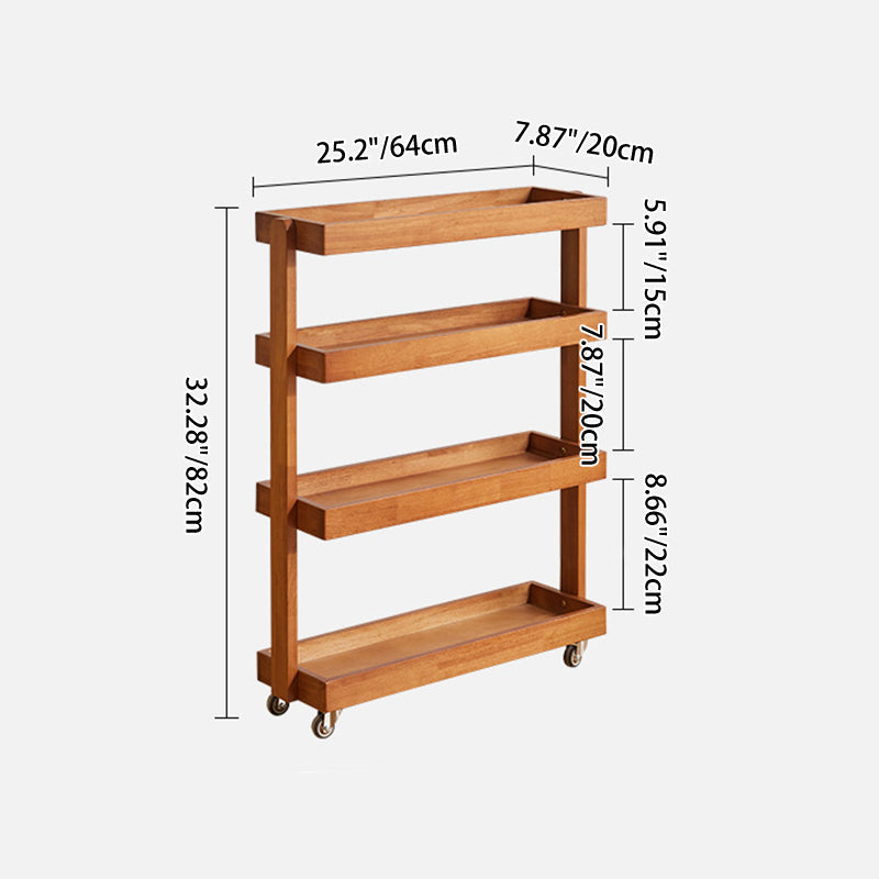 Contemporary Retro Solid Wood Metal Rectangular Narrow Storage Shelf With Wheels 4-Tier For Living Room