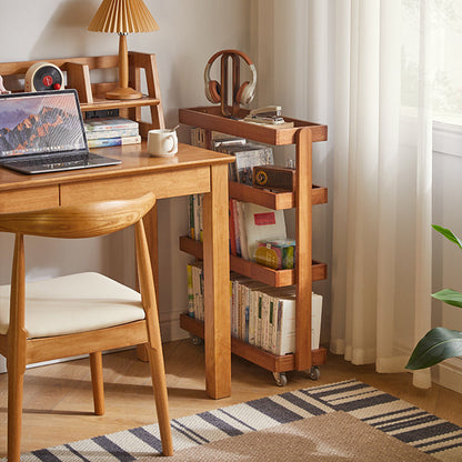 Contemporary Retro Solid Wood Metal Rectangular Narrow Storage Shelf With Wheels 4-Tier For Living Room
