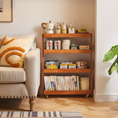 Contemporary Retro Solid Wood Metal Rectangular Narrow Storage Shelf With Wheels 4-Tier For Living Room