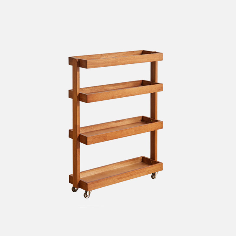 Contemporary Retro Solid Wood Metal Rectangular Narrow Storage Shelf With Wheels 4-Tier For Living Room