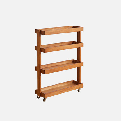 Contemporary Retro Solid Wood Metal Rectangular Narrow Storage Shelf With Wheels 4-Tier For Living Room
