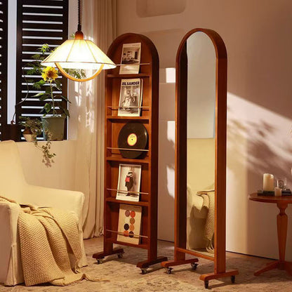 Contemporary Retro Solid Wood & Plywood Aluminum Alloy Glass Arched Storage Shelf 5-Tier Storage With Mirror And Wheels For Living Room Bedroom