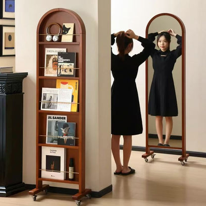 Contemporary Retro Solid Wood & Plywood Aluminum Alloy Glass Arched Storage Shelf 5-Tier Storage With Mirror And Wheels For Living Room Bedroom