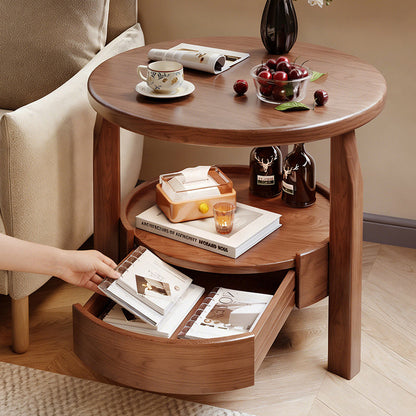 Modern Minimalist Solid Rubberwood & Plywood Round Side Table With Drawer & 2-Tier Storage For Living Room & Bedroom