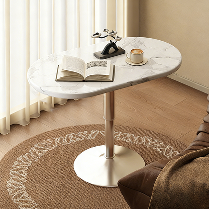 Modern Minimalist Stone Slab MDF Top Steel Oval Side Table With Adjustable Height & Rotating Desktop For Living Room & Bedroom