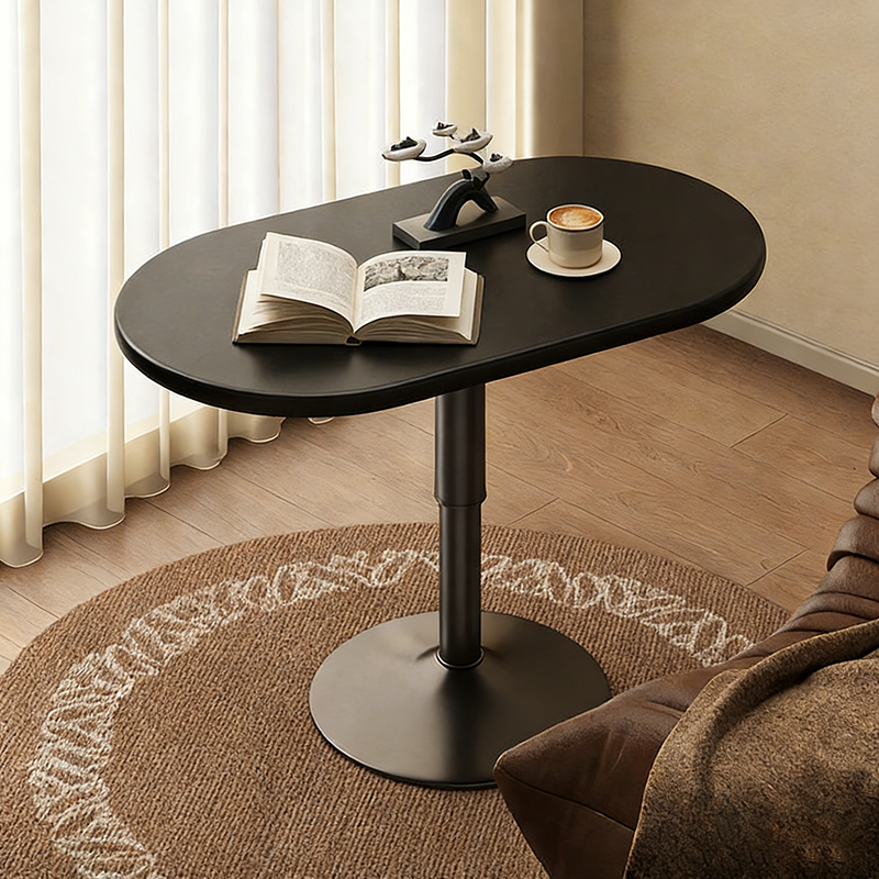 Modern Minimalist Stone Slab MDF Top Steel Oval Side Table With Adjustable Height & Rotating Desktop For Living Room & Bedroom