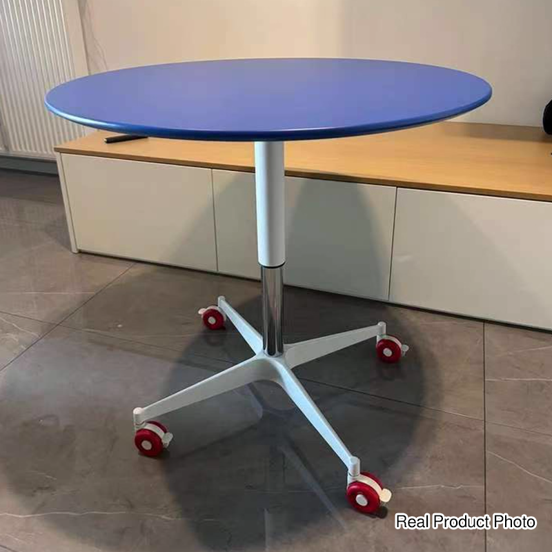 Contemporary Creative MDF Metal Hardware Round Coffee Table With Adjustable Height & Rolling Wheels For Living Room, Balcony & Café