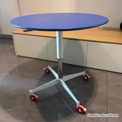 Contemporary Creative MDF Metal Hardware Round Coffee Table With Adjustable Height & Rolling Wheels For Living Room, Balcony & Café