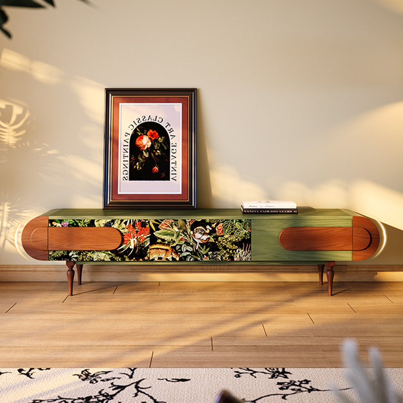 Traditional French Ash Wood & Plywood Velvet TV Stand - Retro Entertainment Console With 3 Drawers & Elevated Legs