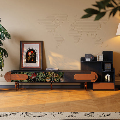 Traditional French Ash Wood & Plywood Velvet TV Stand - Retro Entertainment Console With 3 Drawers & Elevated Legs