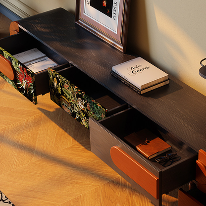 Traditional French Ash Wood & Plywood Velvet TV Stand - Retro Entertainment Console With 3 Drawers & Elevated Legs