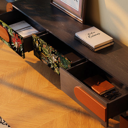 Traditional French Ash Wood & Plywood Velvet TV Stand - Retro Entertainment Console With 3 Drawers & Elevated Legs