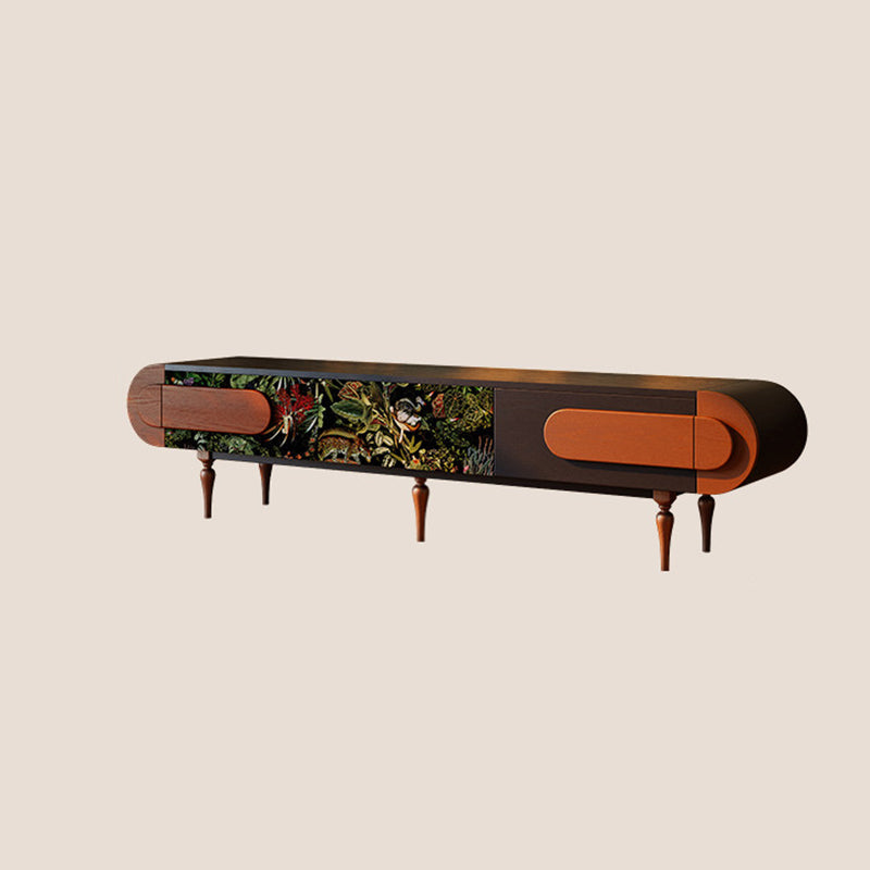 Traditional French Ash Wood & Plywood Velvet TV Stand - Retro Entertainment Console With 3 Drawers & Elevated Legs