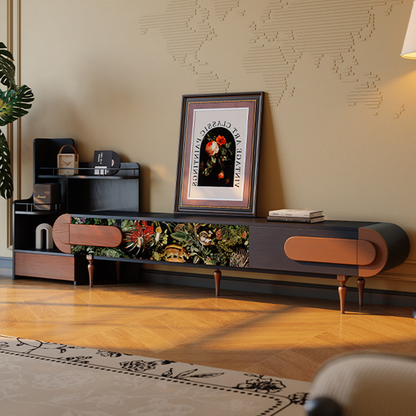 Traditional French Ash Wood & Plywood Velvet TV Stand - Retro Entertainment Console With 3 Drawers & Elevated Legs