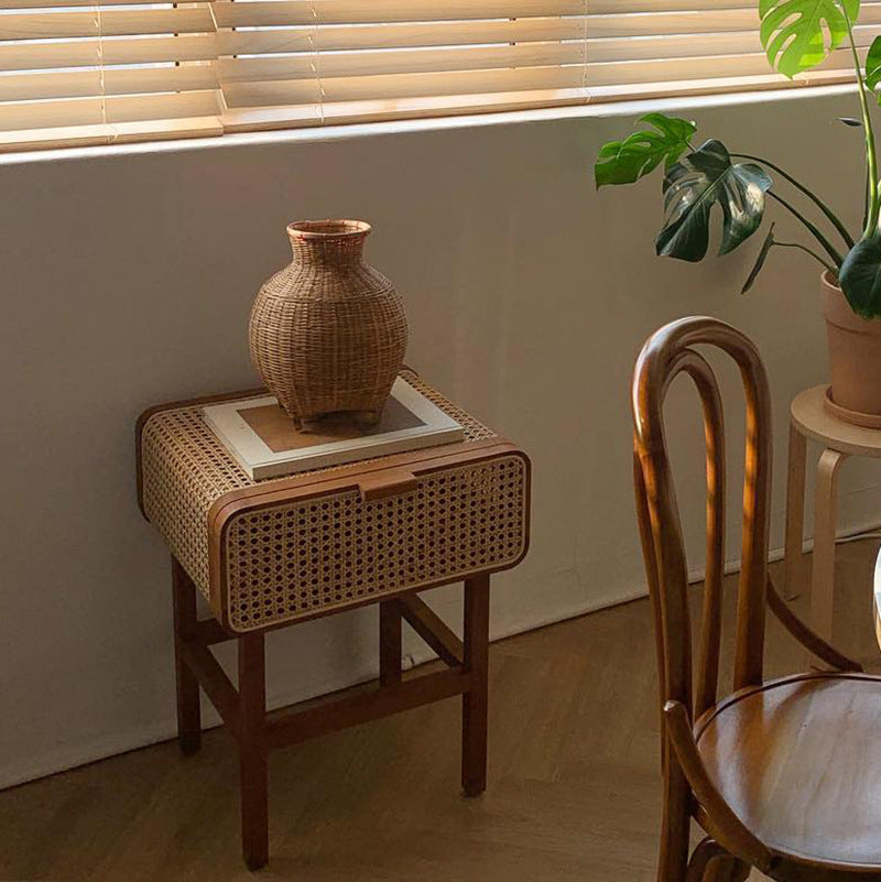 Traditional Japanese Rounded Corner Design Ash Wood Rattan Weaving End Table With 1-Cabinet For Bedroom