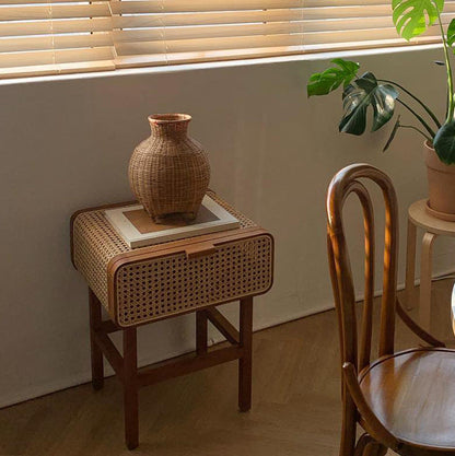 Traditional Japanese Rounded Corner Design Ash Wood Rattan Weaving End Table With 1-Cabinet For Bedroom