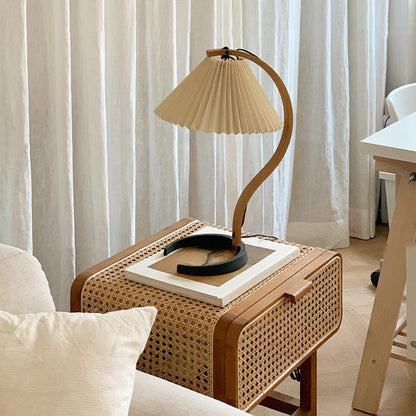 Traditional Japanese Rounded Corner Design Ash Wood Rattan Weaving End Table With 1-Cabinet For Bedroom