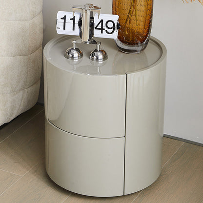 Modern Minimalist Round Solid Wood Plywood Wrought Iron Nightstand With 2-Drawer For Bedroom
