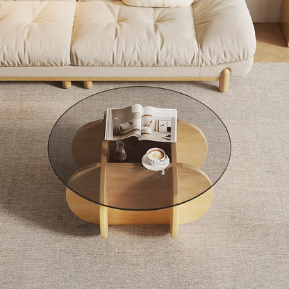 Modern Minimalist Round Tempered Glass Solid Wood Multi-layer Board Coffee Table 1-Tier For Living Room