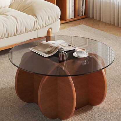 Modern Minimalist Round Tempered Glass Solid Wood Multi-layer Board Coffee Table 1-Tier For Living Room