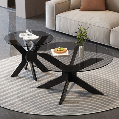 Modern Minimalist Round Solid Wood Tempered Glass Coffee Table 1-Tier For Living Room