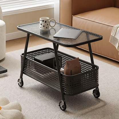 Modern Minimalist Rounded-Edge Design Carbon Steel Stone Slab Tempered Glass Movable Side Table 2-Tier For Living Room