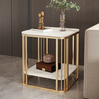 Contemporary Nordic Rounded-Edge Stone Slab Carbon Steel End Table 2-Tier For Living Room