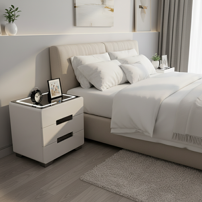 Modern Minimalist Rectangular Rounded-Corner Tempered Glass MDF Panel Nightstand With LED Light 3-Drawer For Bedroom