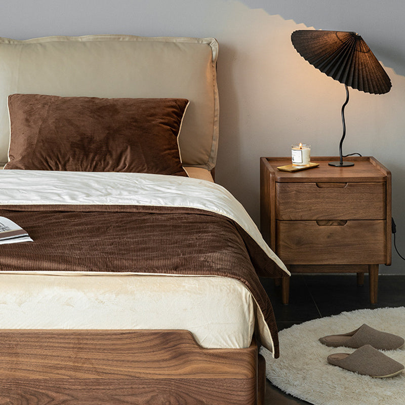 Traditional Japanese Rounded Corner Design Solid Walnut Wood Nightstand 2-Drawer For Bedroom