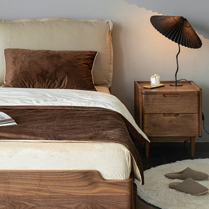 Traditional Japanese Rounded Corner Design Solid Walnut Wood Nightstand 2-Drawer For Bedroom